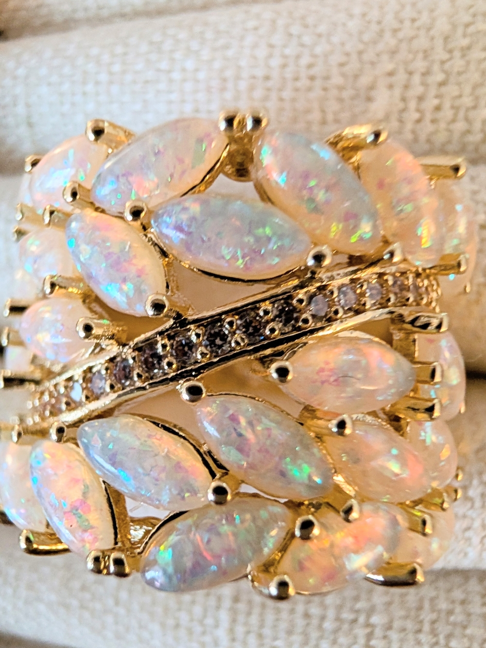 Gold Opal Leaf Cluster Ring - White Opal Sparkle - Size 6